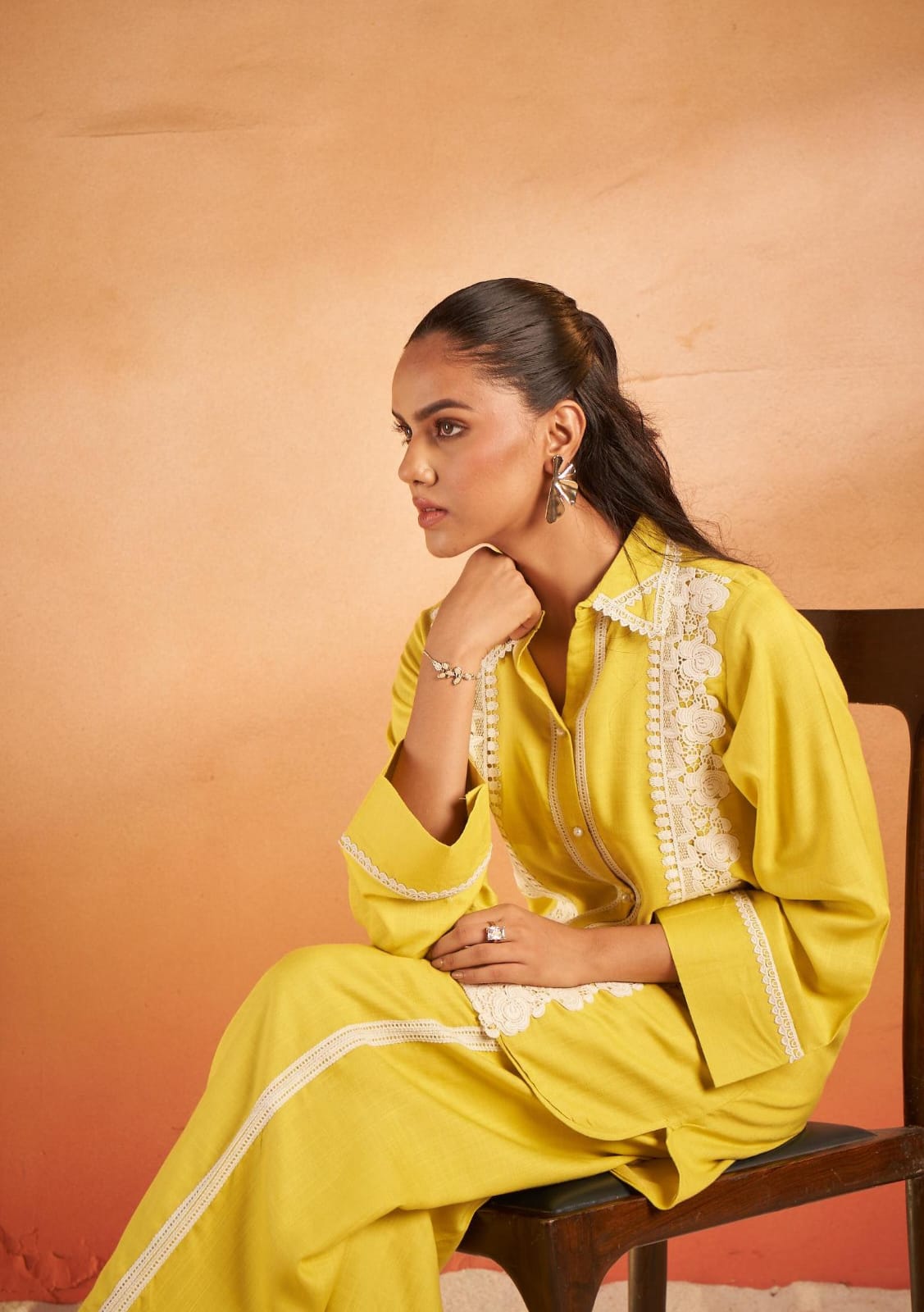 Mustard Yellow Lace Detailed Co-ord Set with Shirt Collar