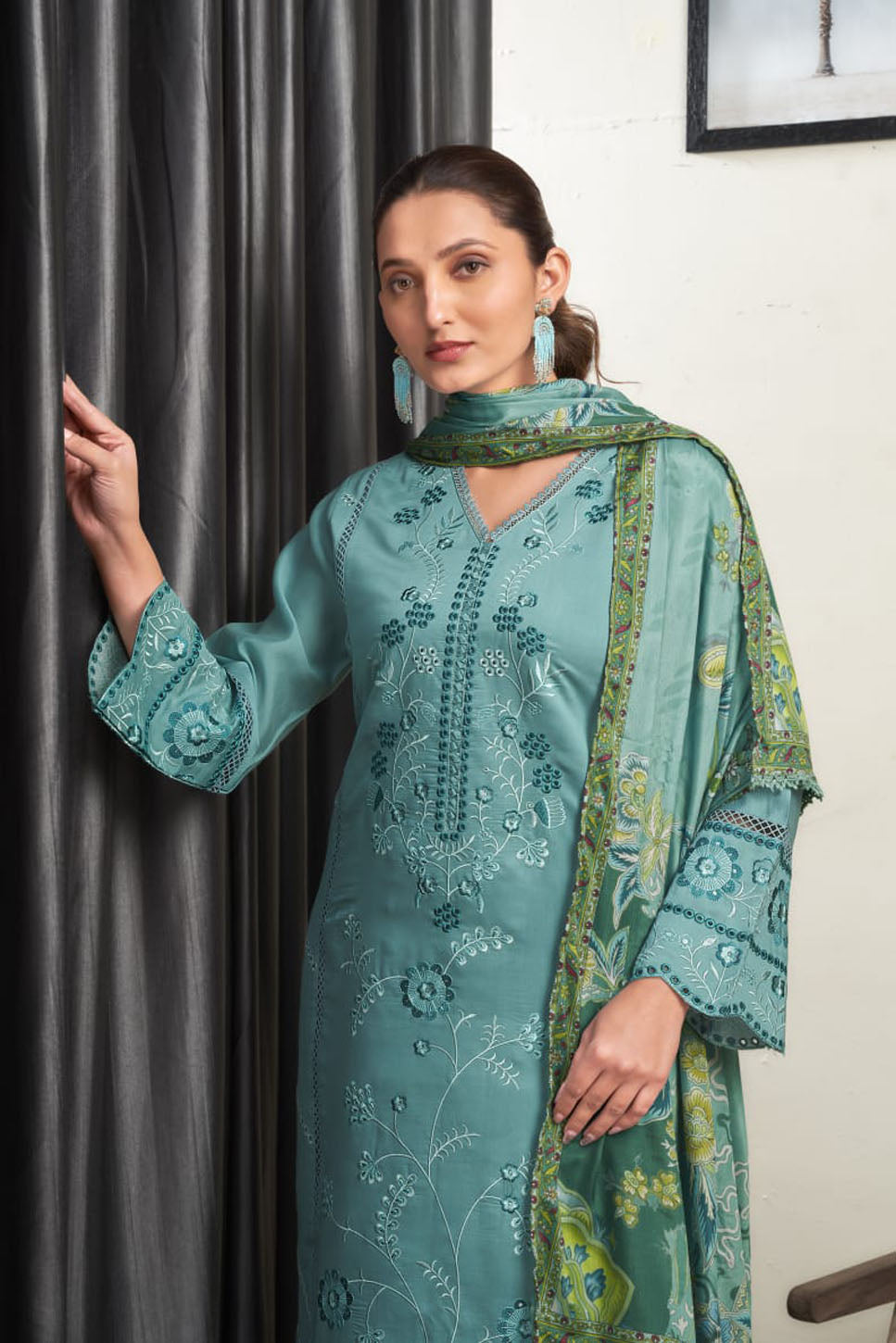 Sea Green Embroidered Chanderi Suit Set with Printed Dupatta
