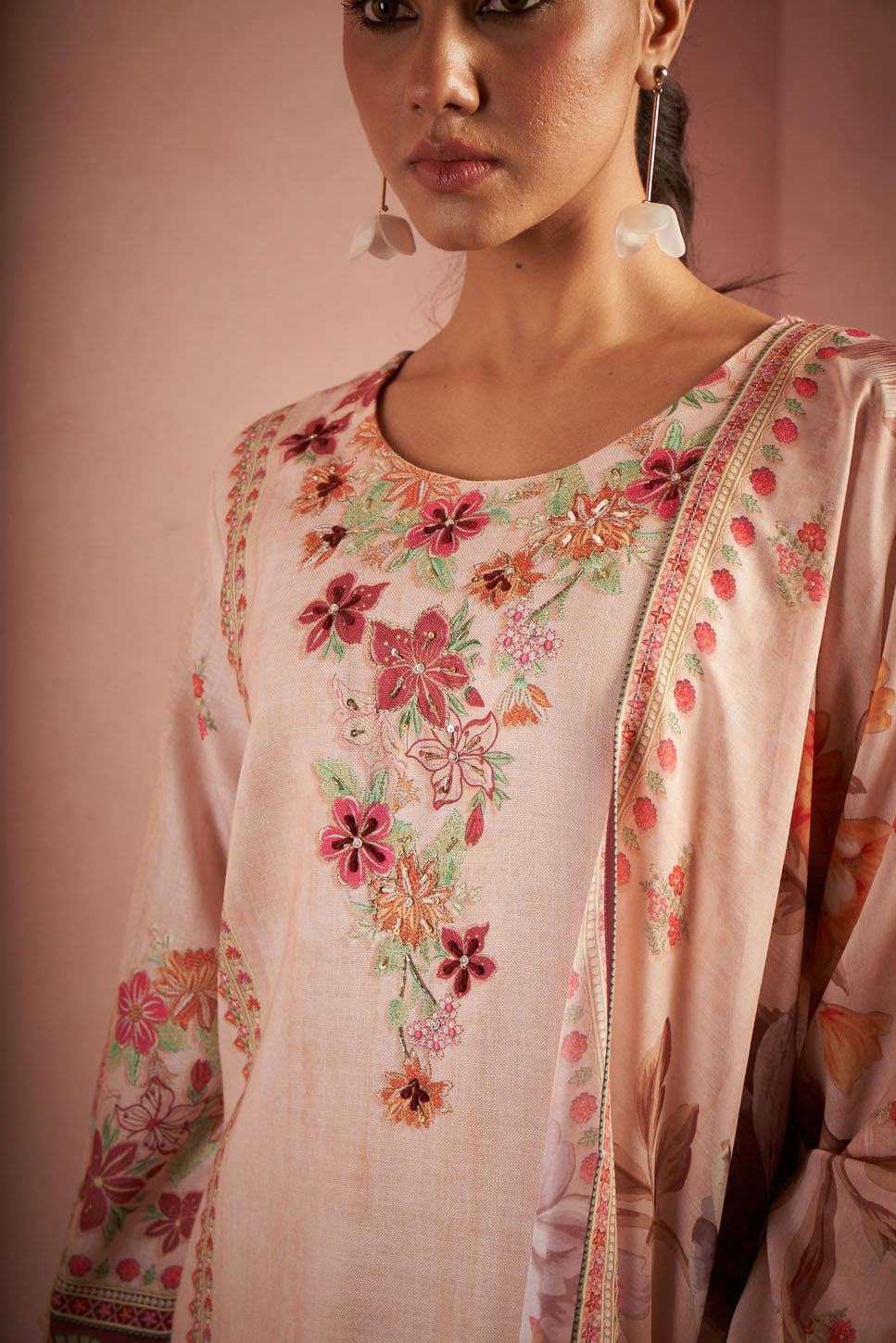 Blush Pink Floral Printed Suit Set with Embroidered Details