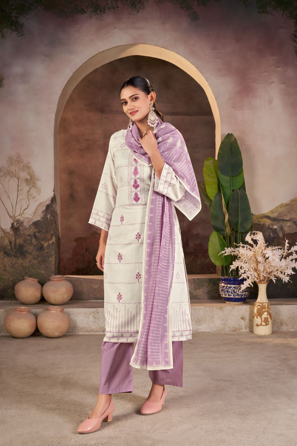 Grey & Lavender Printed Linen Suit Set with Dupatta