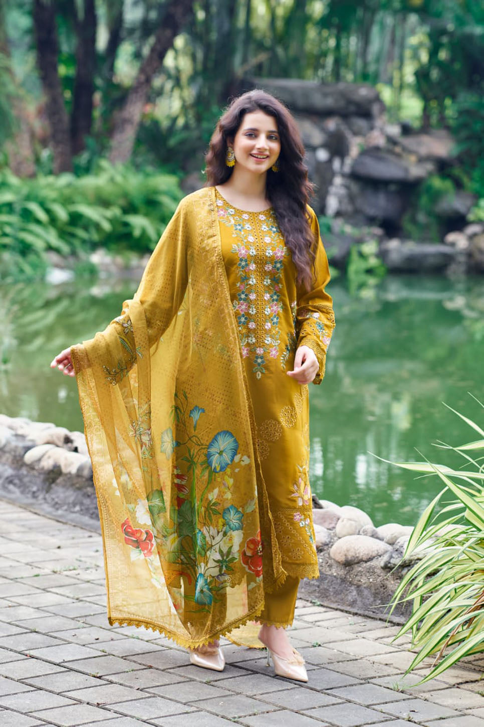 Mustard Gold Embroidered 3-Piece Suit with Printed Dupatta