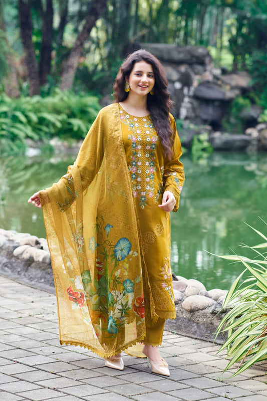 Mustard Gold Embroidered 3-Piece Suit with Printed Dupatta