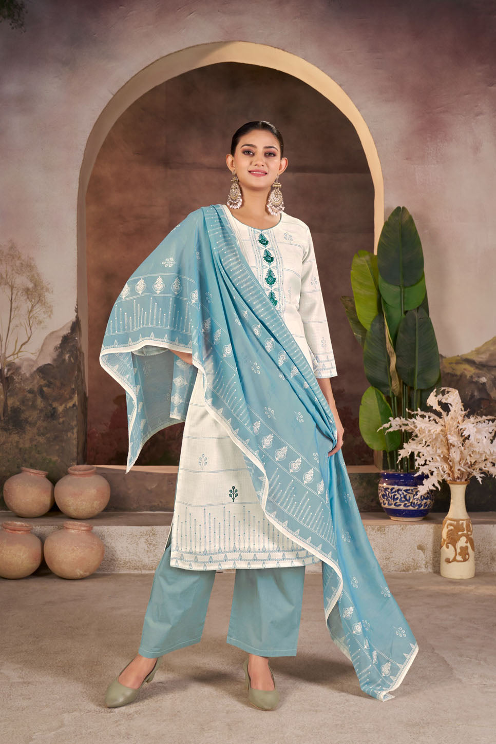 White & Blue Embroidered Linen Suit Set with Printed Dupatta