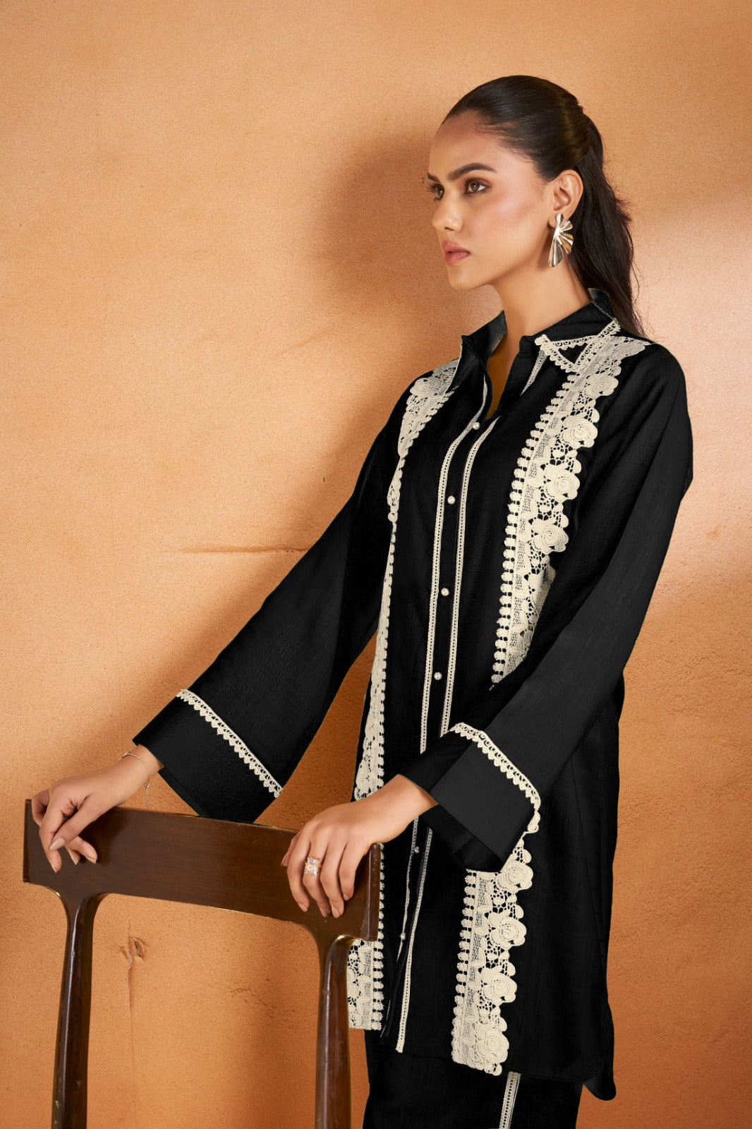 Jade Black Lace Detailed Co-ord Set with Shirt Collar