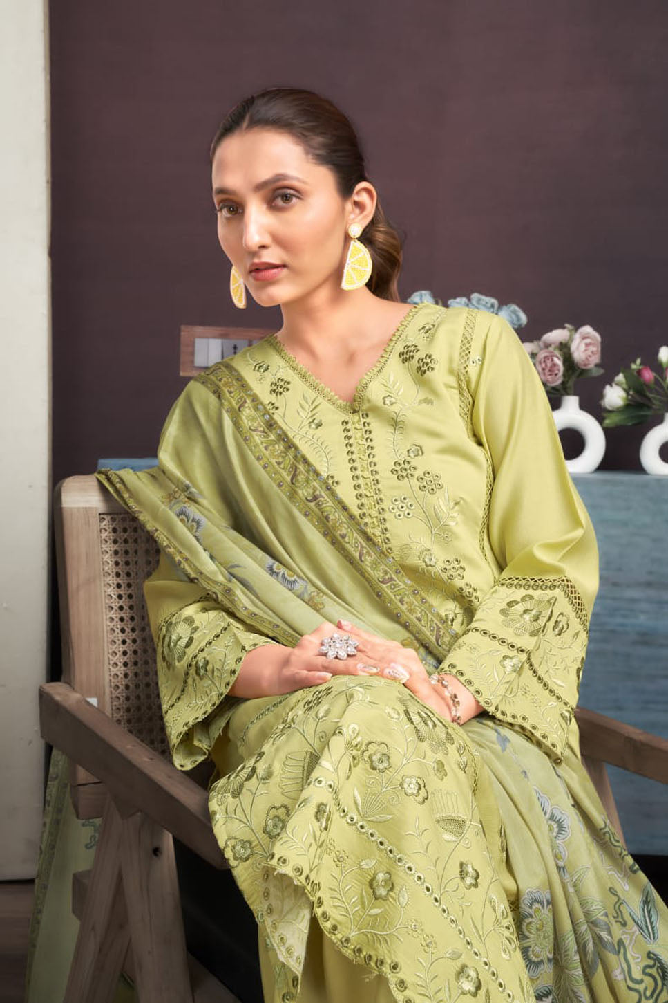 Lime Green Embroidered Chanderi Suit Set with Printed Dupatta