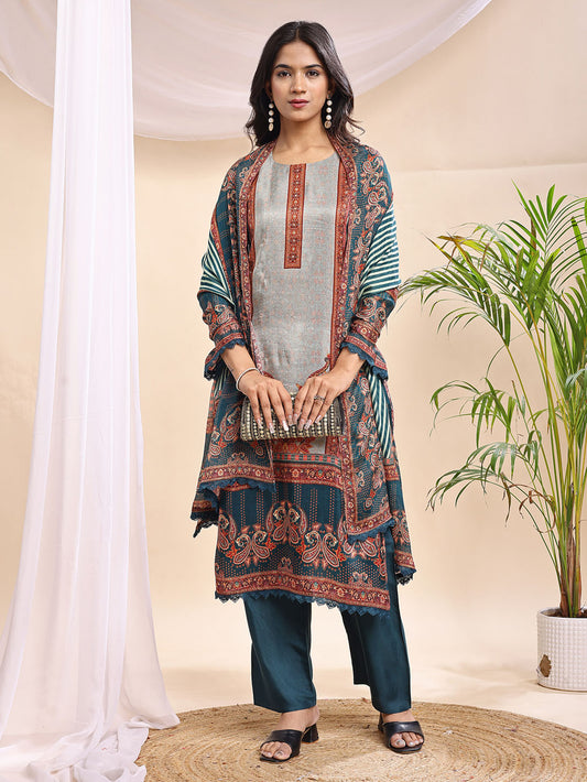 Women's Grey & Teal Ethnic Printed Suit – 3 Piece Traditional Ensemble