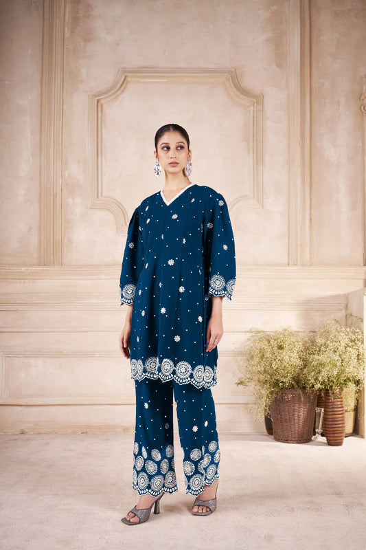 Elegant Prussian Blue Embroidered Co-ord Set