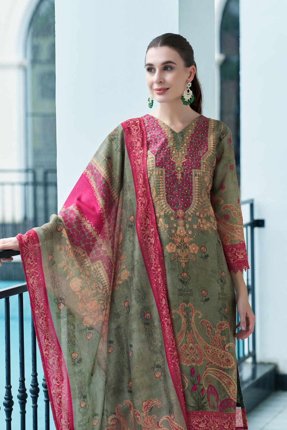 Olive Green & Crimson Printed Embroidered Suit with Dupatta