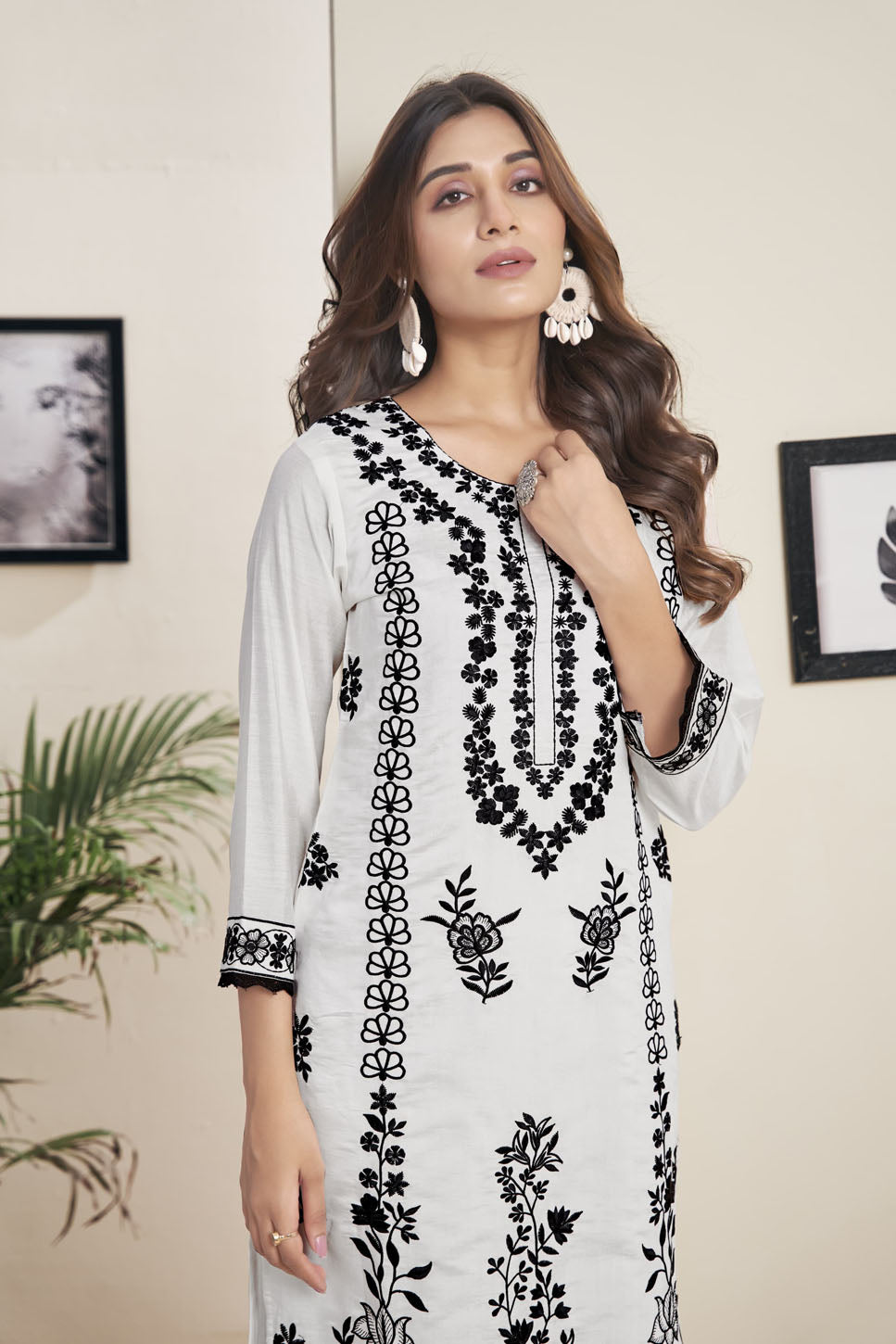 Chic White & Black Floral Embroidered Suit with Dupatta