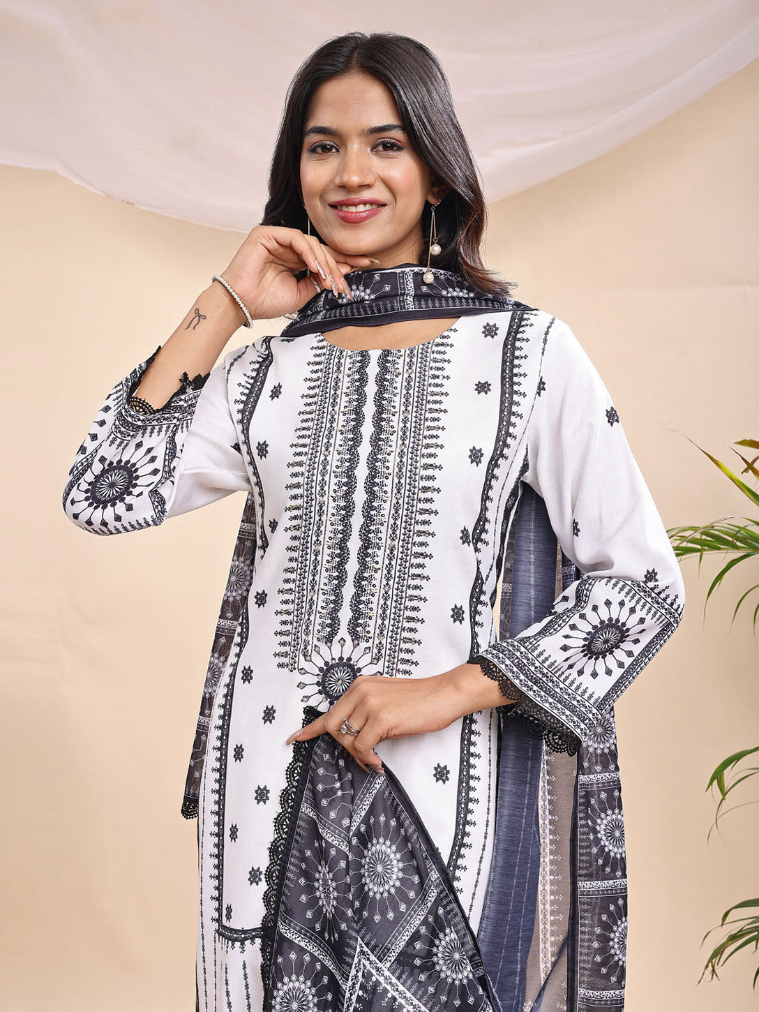 Women's Black & White Printed Suit – 3 Piece Elegant Ethnic Set
