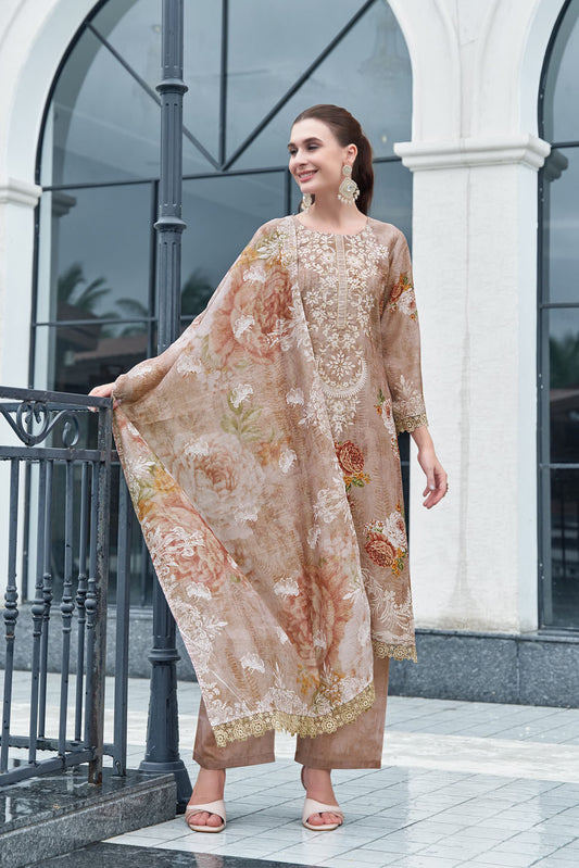 Beige Blossom Digital Printed & Embroidered Suit with Dupatta