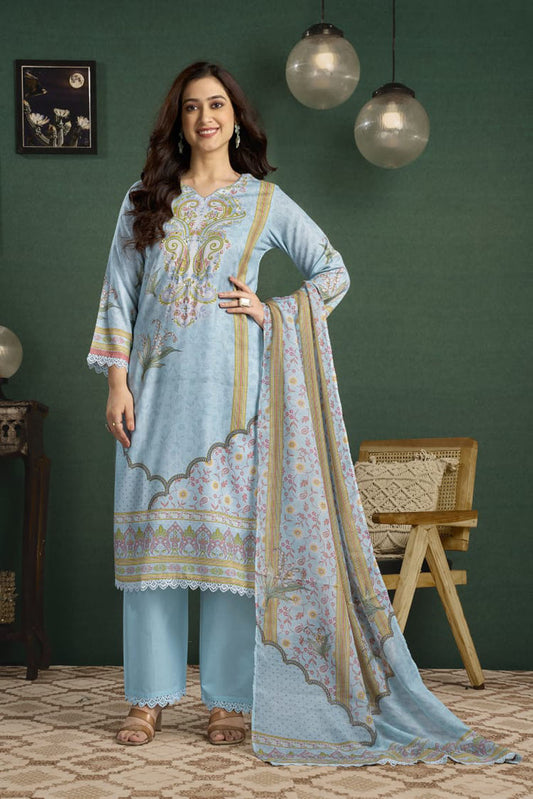 Sky Blue Printed Linen Suit Set with Embroidered Detailing & Dupatta