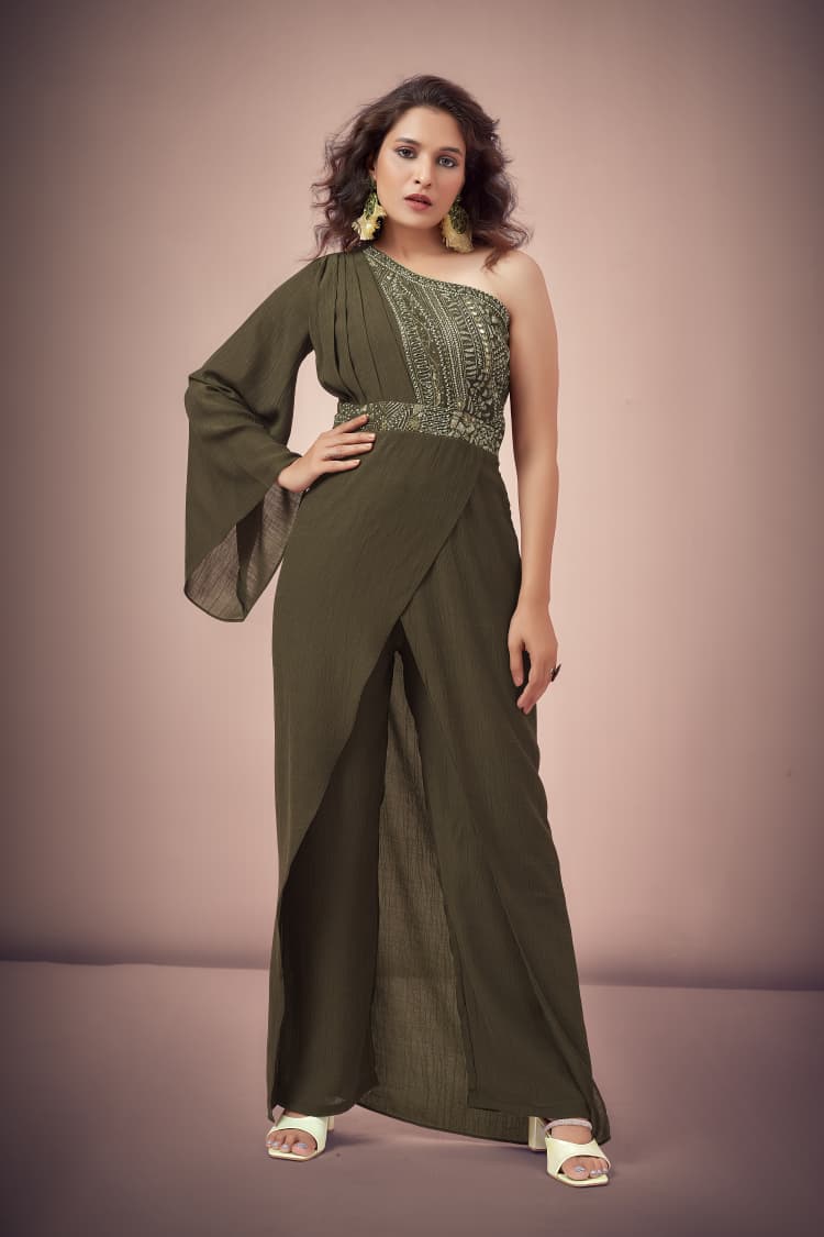 Olive Green One-Shoulder Embellished Indo-Western Jumpsuit