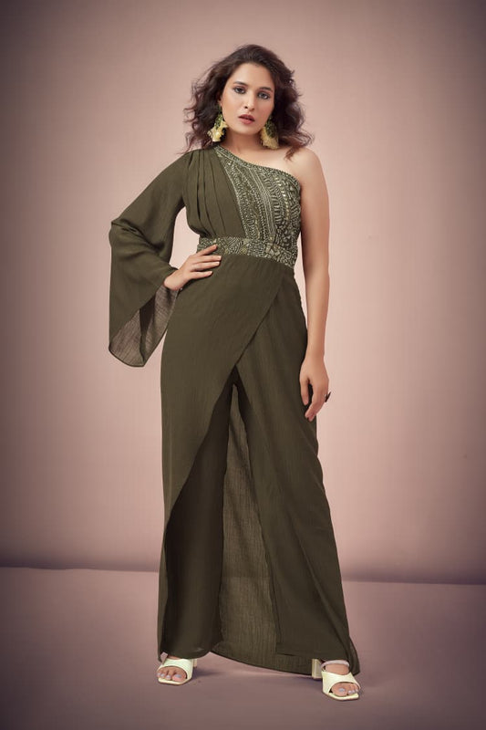 Olive Green One-Shoulder Embellished Indo-Western Jumpsuit
