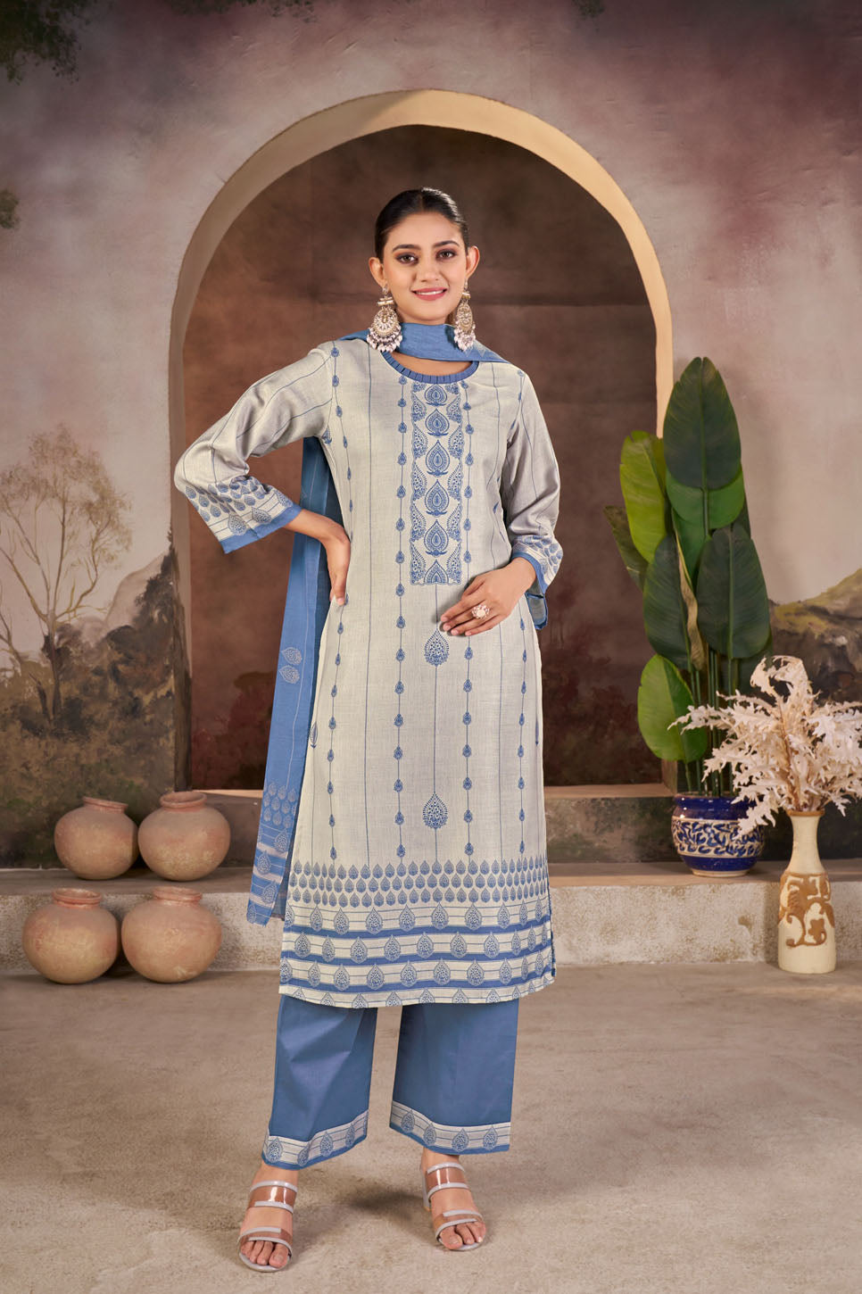 Grey & Blue Printed Linen Suit Set with Dupatta
