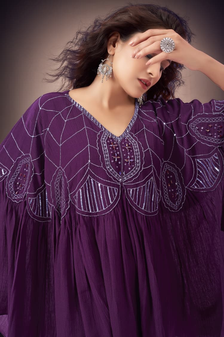 Plum Purple Embellished Kaftan Co-ord Set with Flared Pants