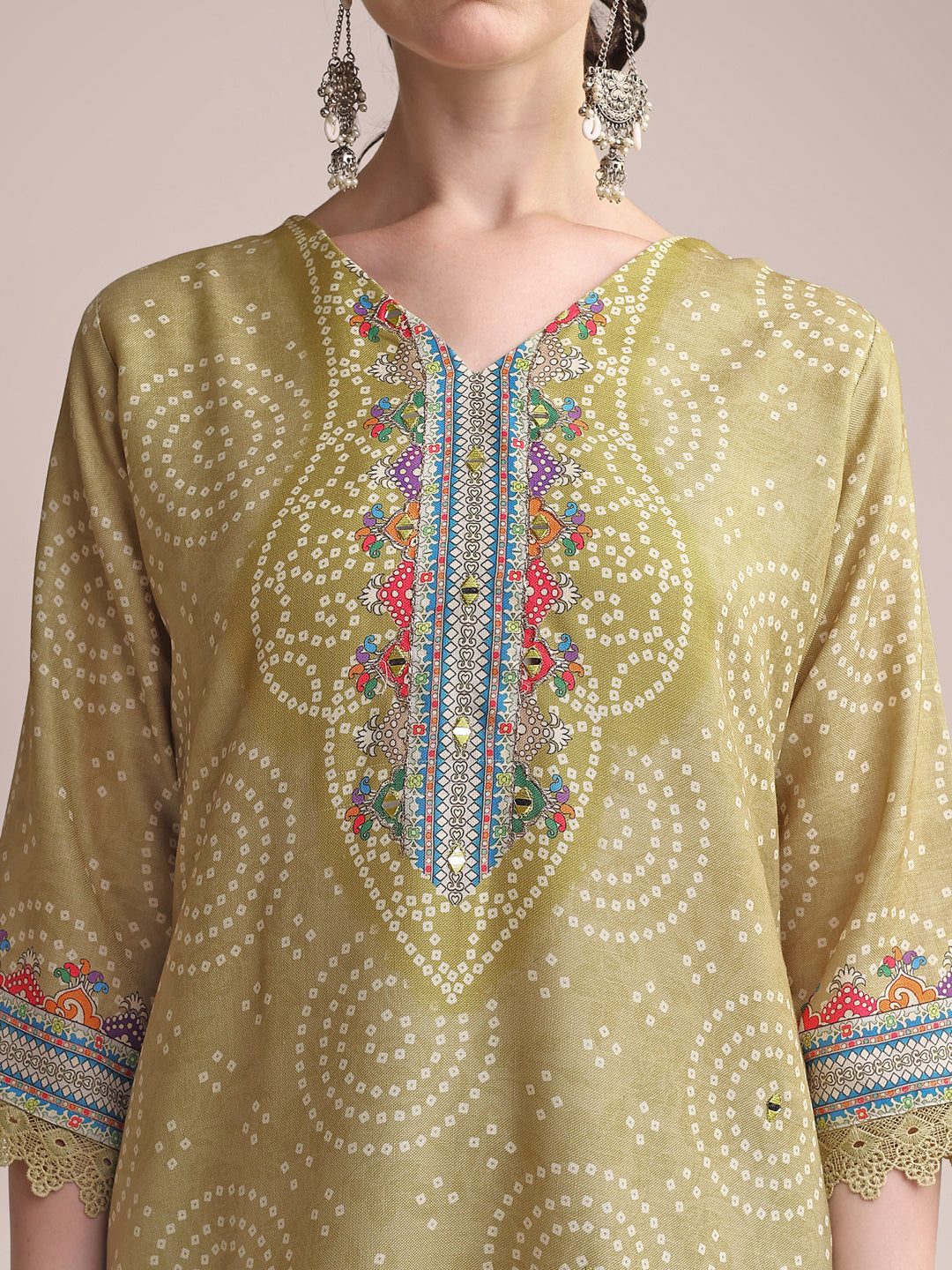 Mustard Yellow Linen Printed Kurta Set with Multicolor Embroidery & Matching Dupatta