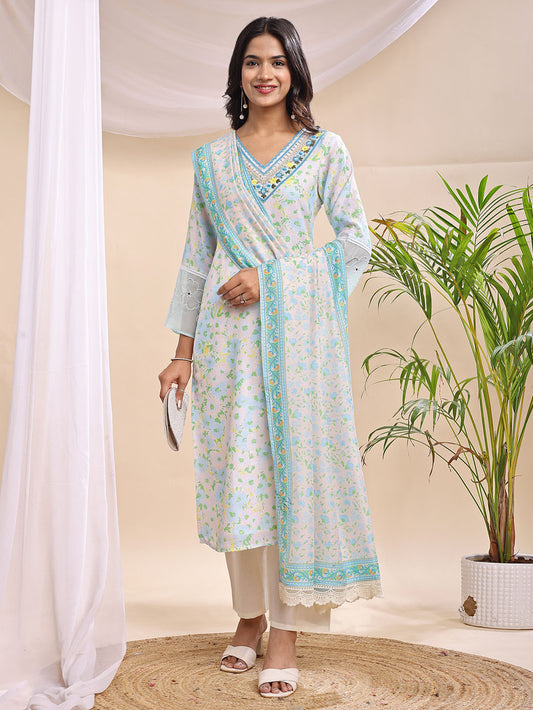 Turquoise Floral Printed Suit Set with Embroidered Neckline