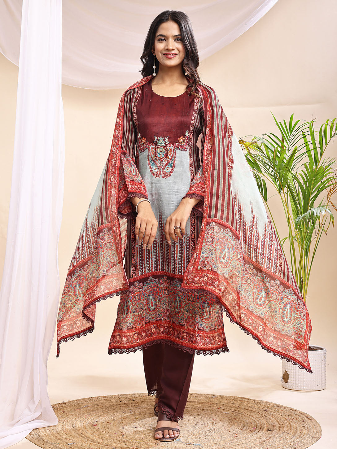 Graceful Maroon & Mint Printed Suit with Dupatta