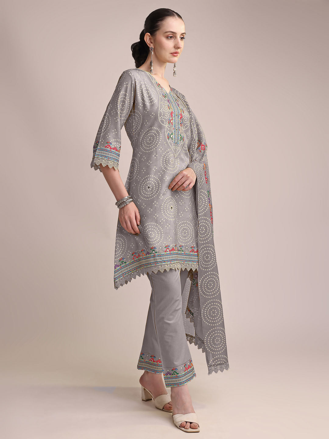 Elegant Grey Linen Printed Kurta Set with Multicolor Embroidery & Dupatta