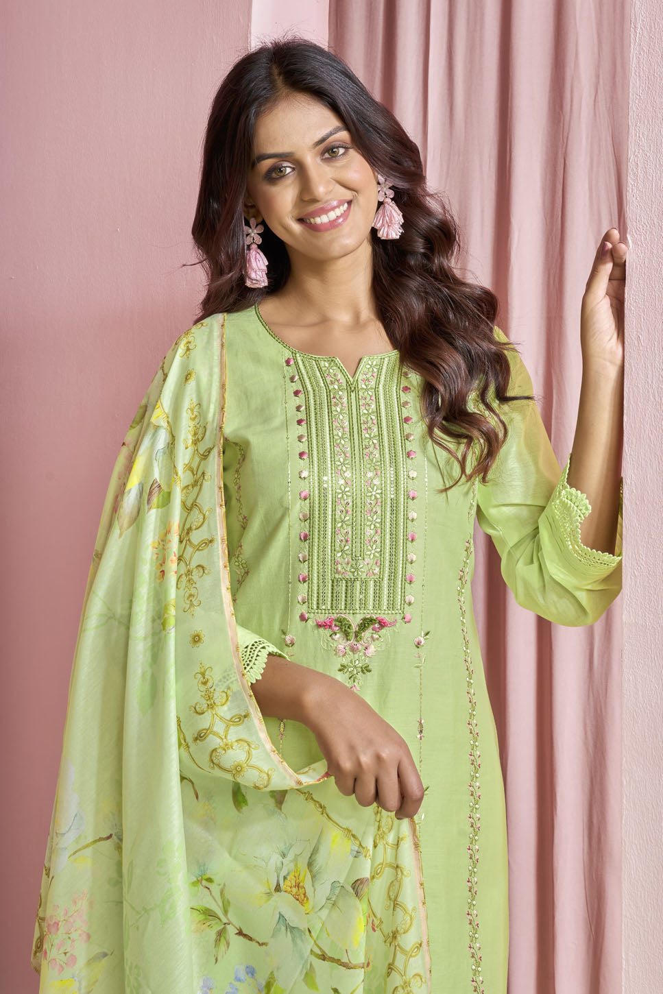 Pastel Lime Embroidered Cotton Suit with Printed Dupatta