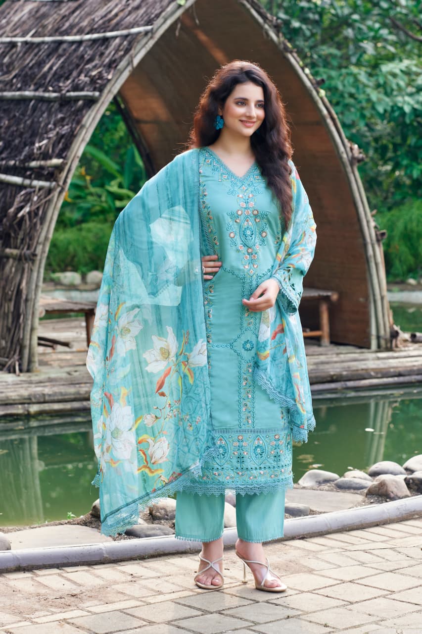 Aqua Blue Embroidered Suit Set with Digital Print Dupatta | Elegant Festive & Casual Ethnic Wear