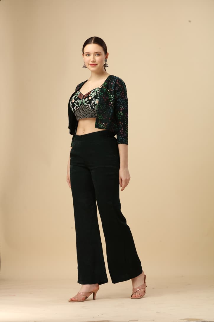 Black Embroidered Velvet Crop Top Co-ord Set with Printed Shrug