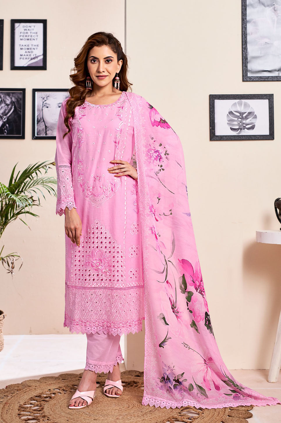Baby Pink Embroidered Suit Set with Floral Printed Dupatta – Elegant Festive Wear