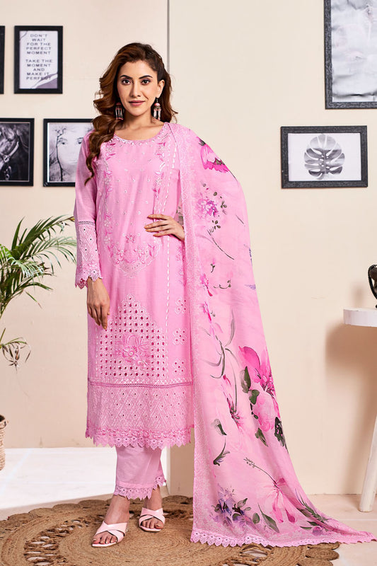 Baby Pink Embroidered Suit Set with Floral Printed Dupatta – Elegant Festive Wear