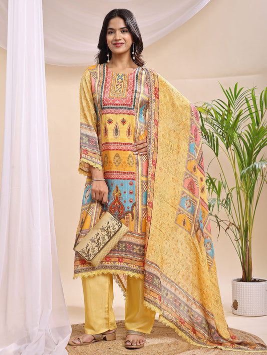 Vibrant Yellow Multicolor Printed Suit with Dupatta