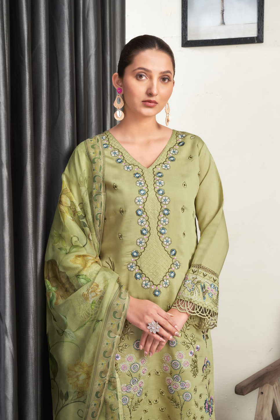 Light Green Embroidered Suit Set with Floral Dupatta