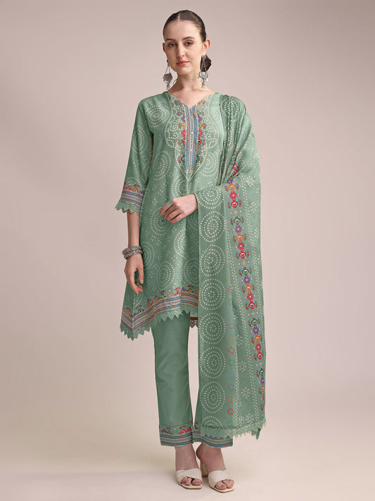 Graceful Sea Green Linen Printed Kurta Set with Embroidered Detailing & Matching Dupatta