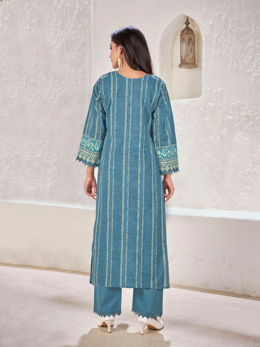 Teal Blue Printed Cotton Suit Set with Embroidered Neckline and Border Detailing