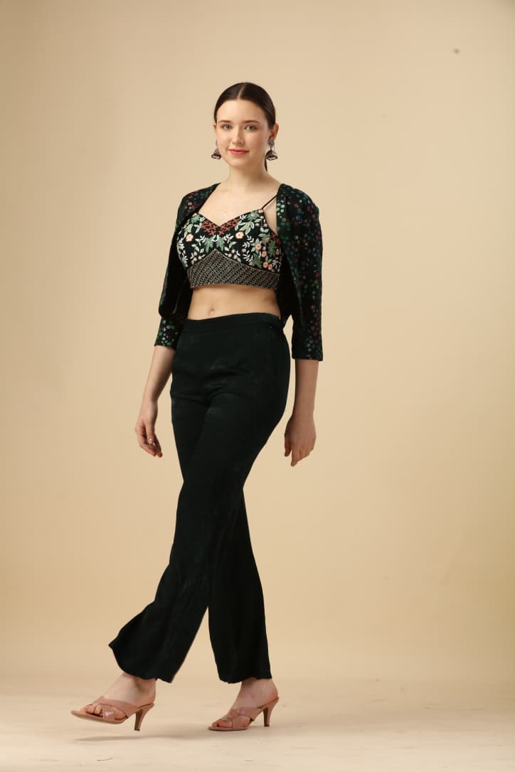 Black Embroidered Velvet Crop Top Co-ord Set with Printed Shrug