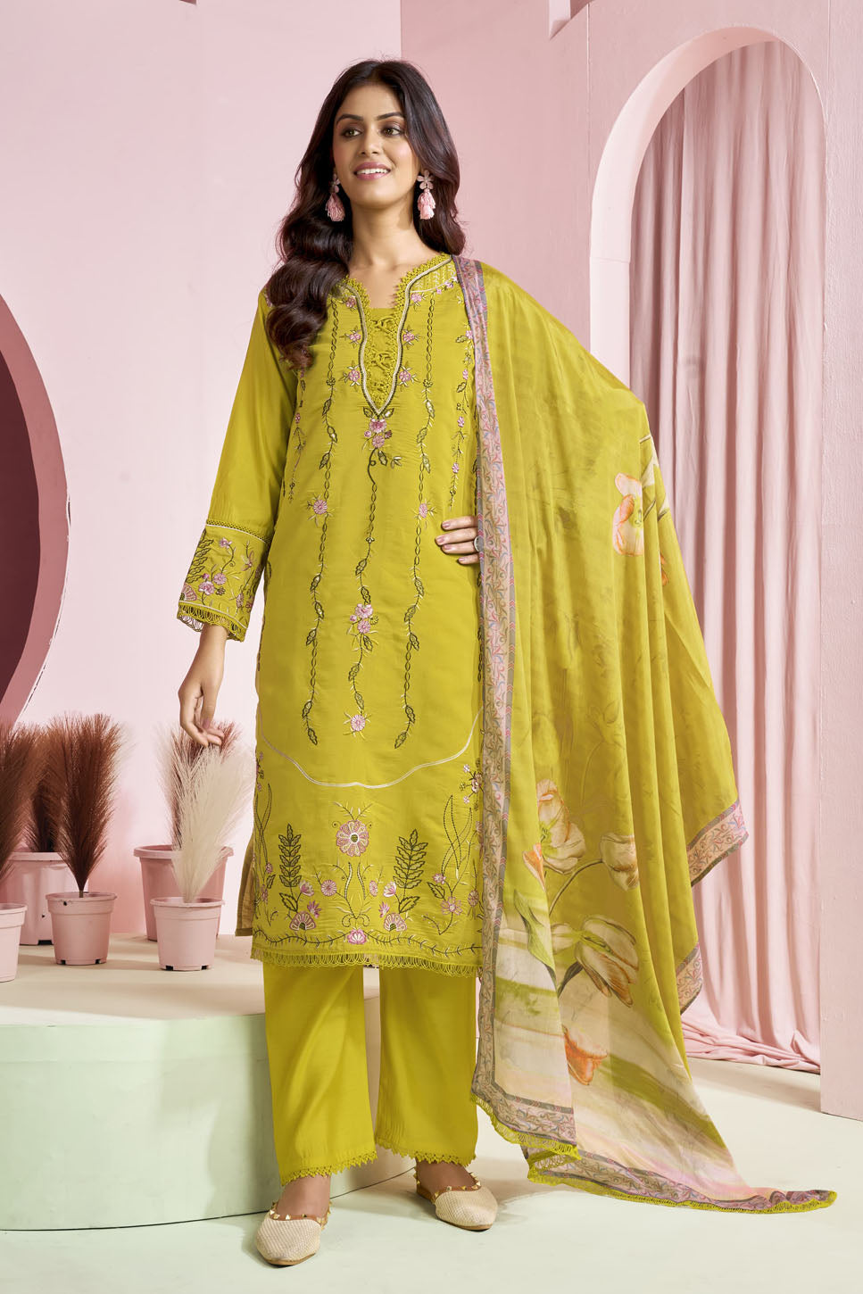 Lime Green Floral Embroidered Suit Set with Printed Dupatta