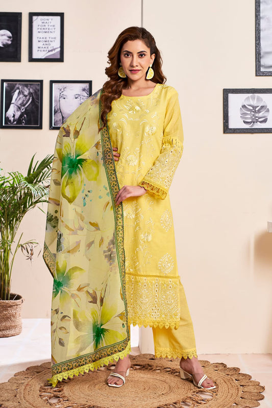 Bright Yellow Embroidered Suit Set with Floral Printed Dupatta – Festive & Ethnic Wear
