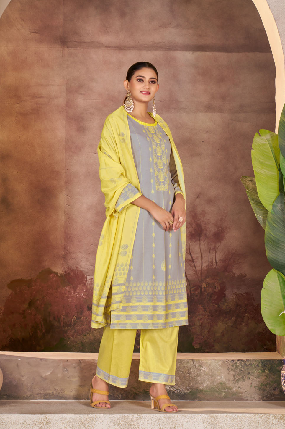Grey & Yellow Printed Linen Suit Set with Dupatta