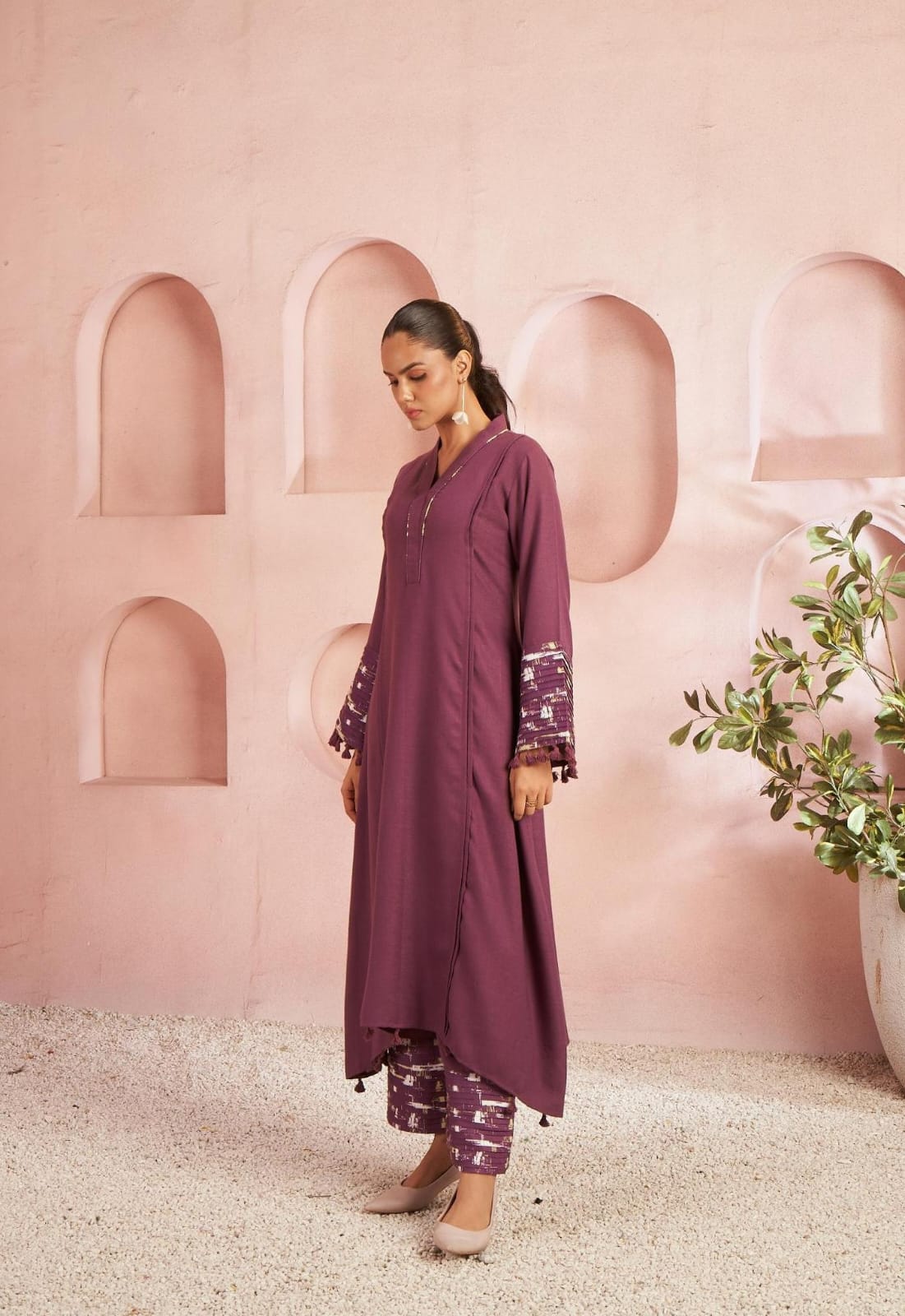 Wine Solid Kurta Set with Embroidered Bell Sleeves