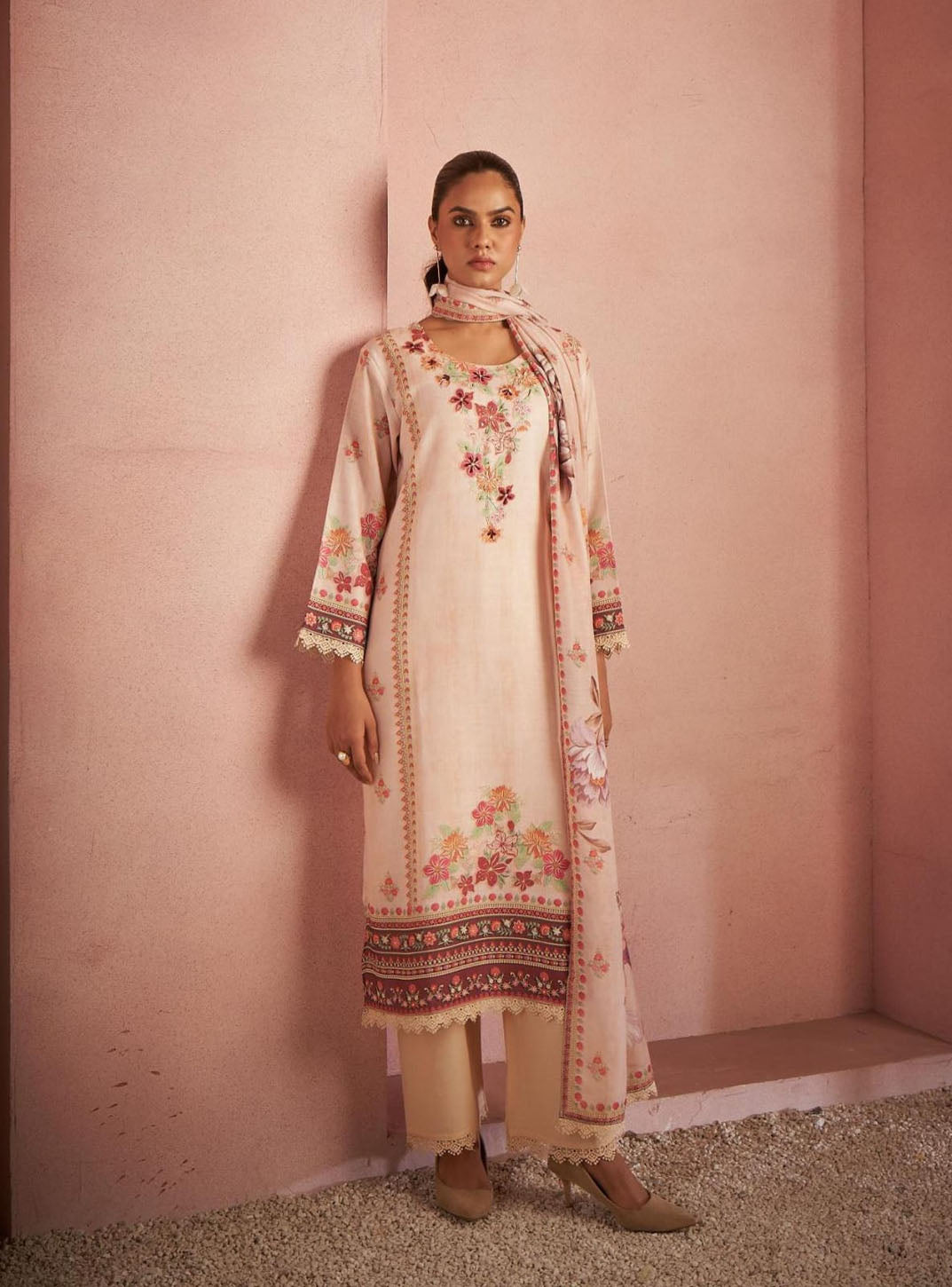 Blush Pink Floral Printed Suit Set with Embroidered Details