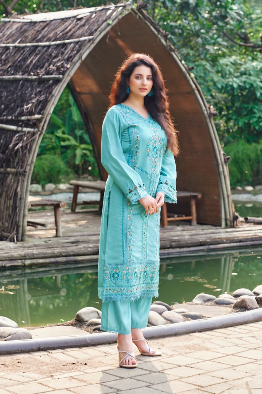 Aqua Blue Embroidered Suit Set with Digital Print Dupatta | Elegant Festive & Casual Ethnic Wear