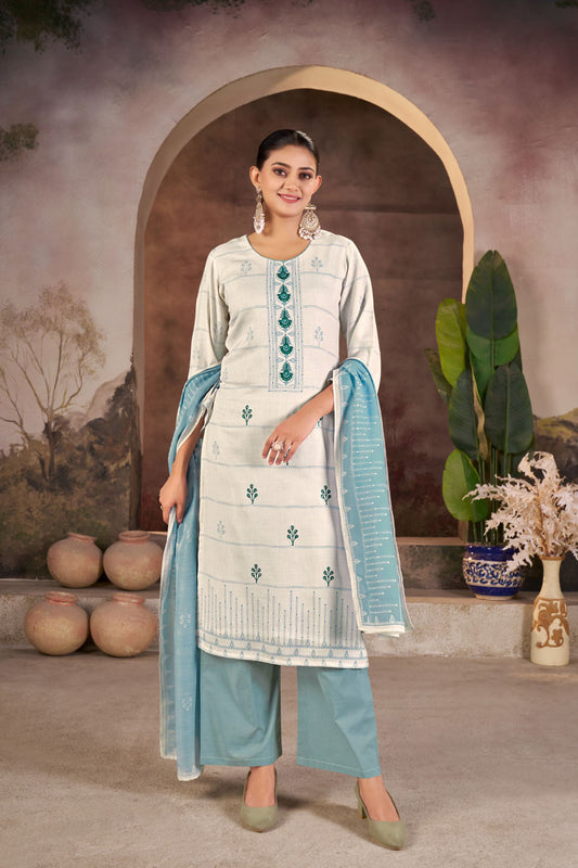 White & Blue Embroidered Linen Suit Set with Printed Dupatta