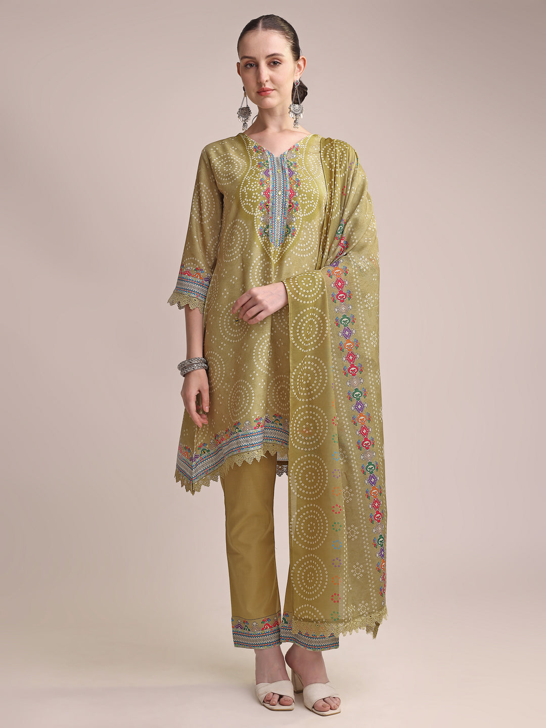 Mustard Yellow Linen Printed Kurta Set with Multicolor Embroidery & Matching Dupatta