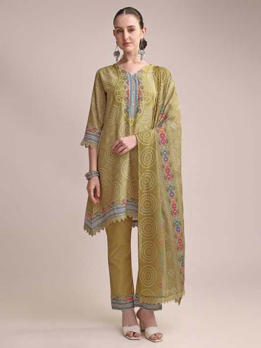 Mustard Yellow Linen Printed Kurta Set with Multicolor Embroidery & Matching Dupatta
