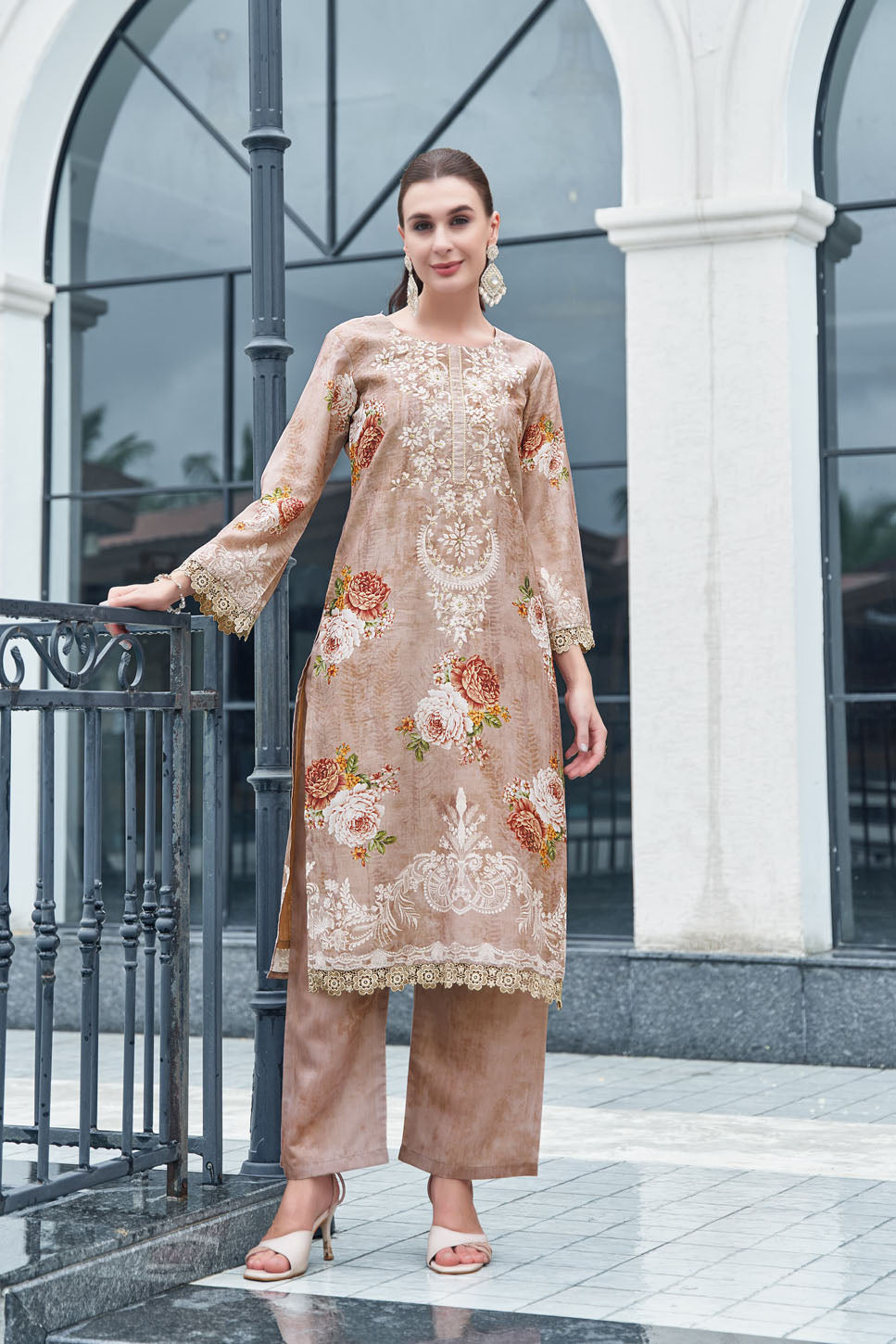 Beige Blossom Digital Printed & Embroidered Suit with Dupatta