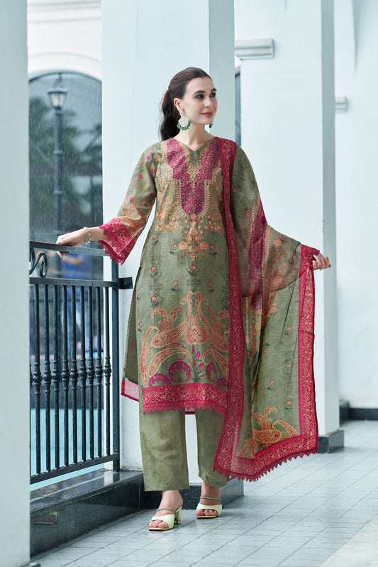 Olive Green & Crimson Printed Embroidered Suit with Dupatta