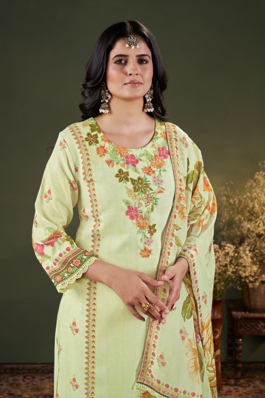 Pastel Green Floral Embroidered Linen Suit Set with Printed Dupatta | Elegant Festive & Daily Wear Ensemble