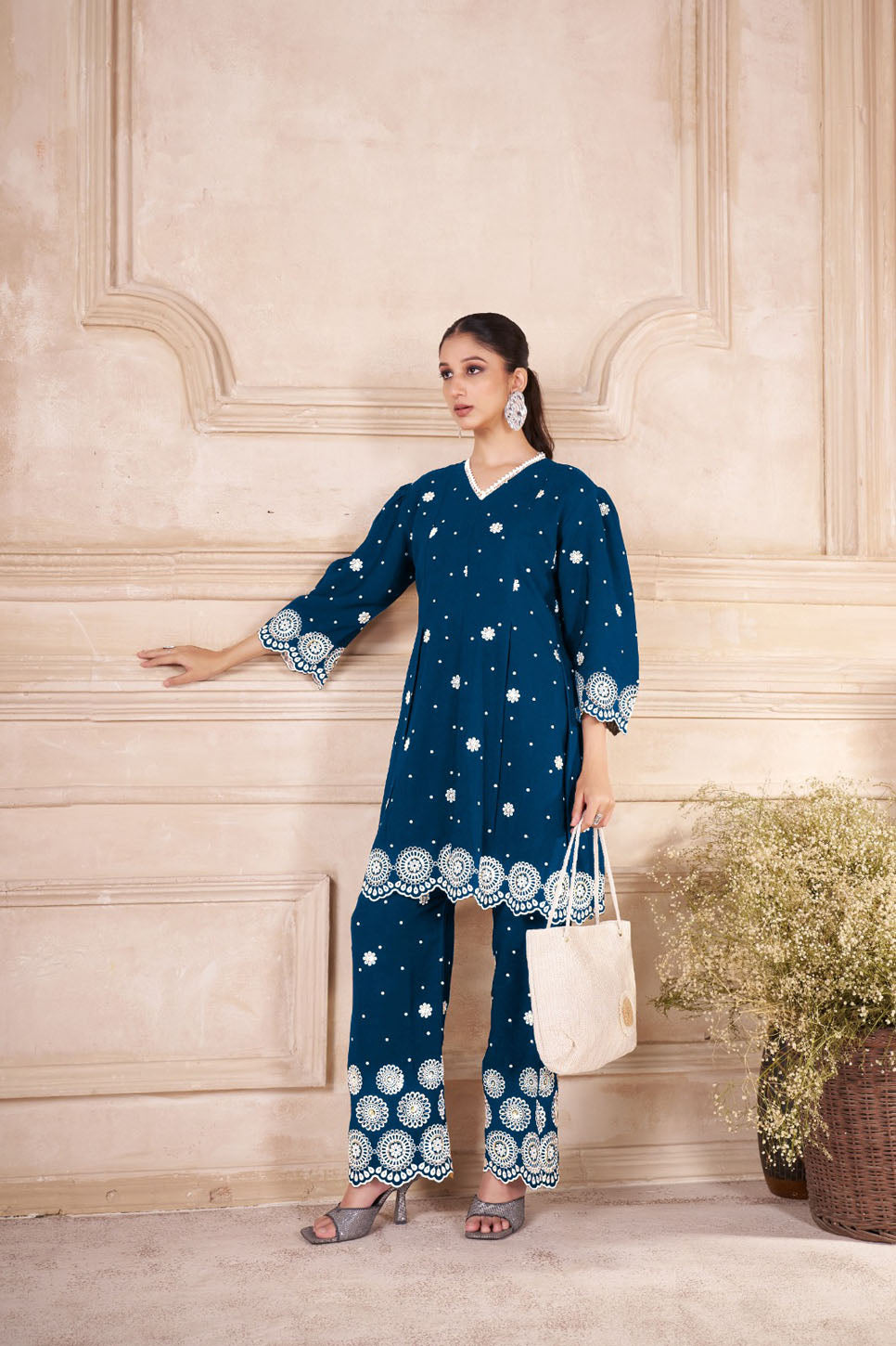Elegant Prussian Blue Embroidered Co-ord Set