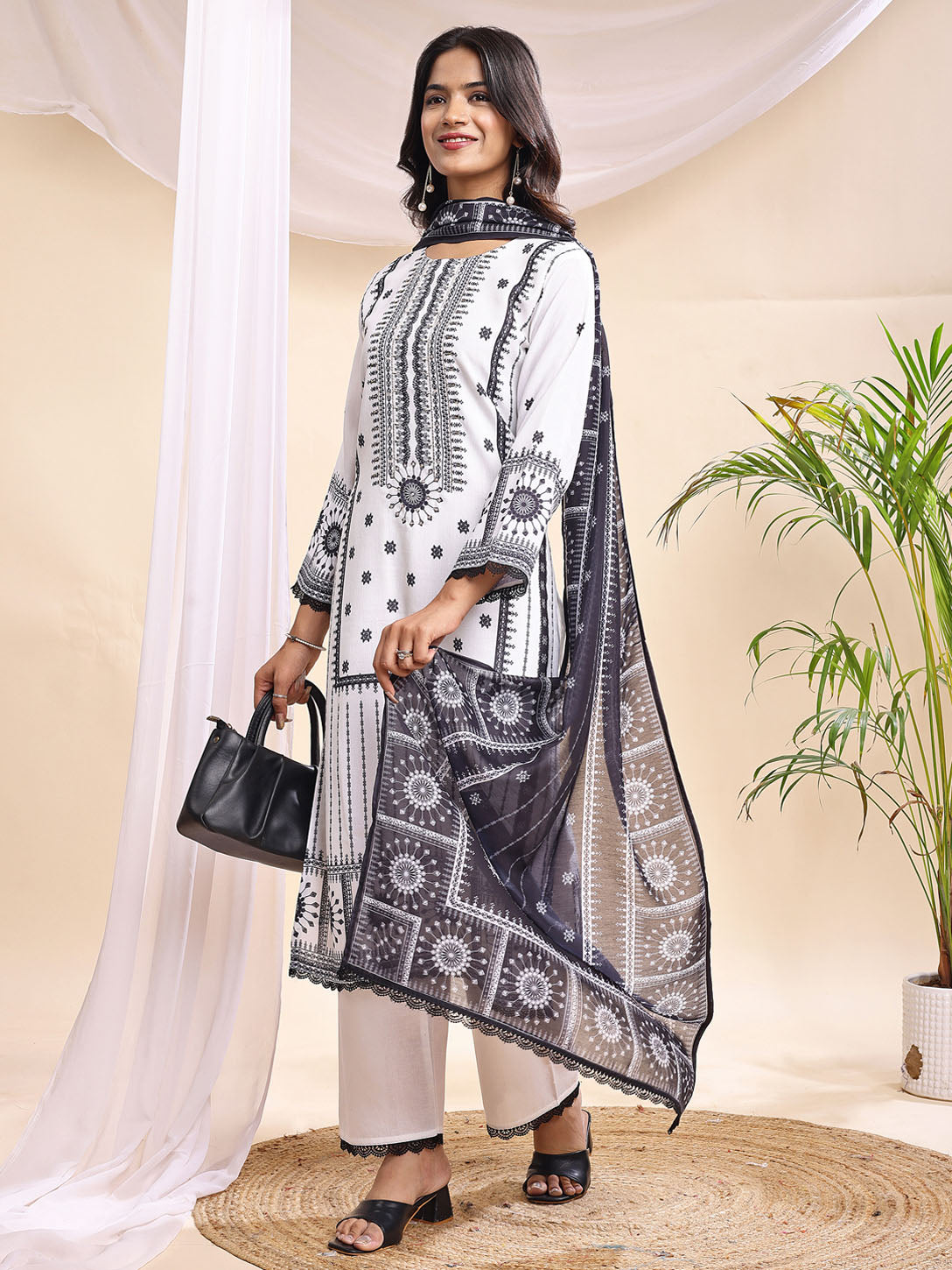 Women's Black & White Printed Suit – 3 Piece Elegant Ethnic Set