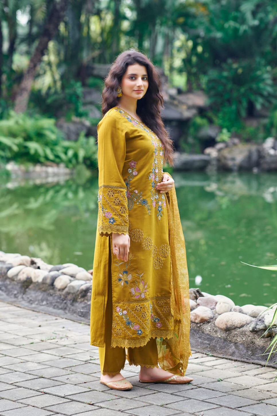Mustard Gold Embroidered 3-Piece Suit with Printed Dupatta