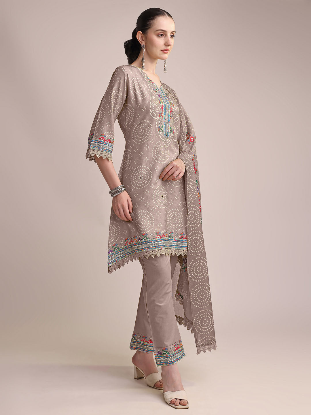 Elegant Taupe Linen Printed Kurta Set with Embroidered Detailing & Dupatta